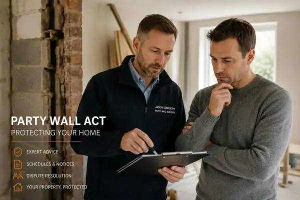 Party wall surveyor Braintree discussing extension plans with homeowner outside a UK semi-detached house.